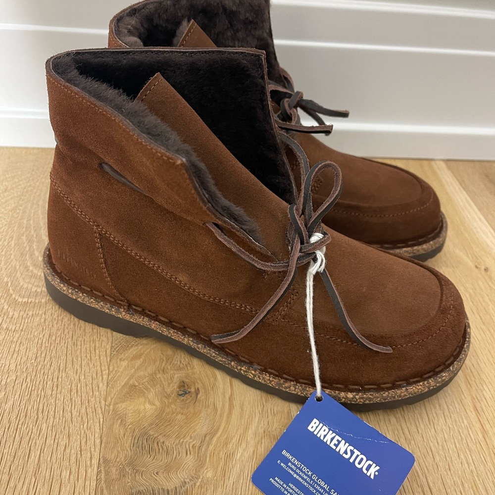 NEW Birkenstock 38 Bakki Dark Brown Leather Shearling Lined Boot Moccassin Comfy
